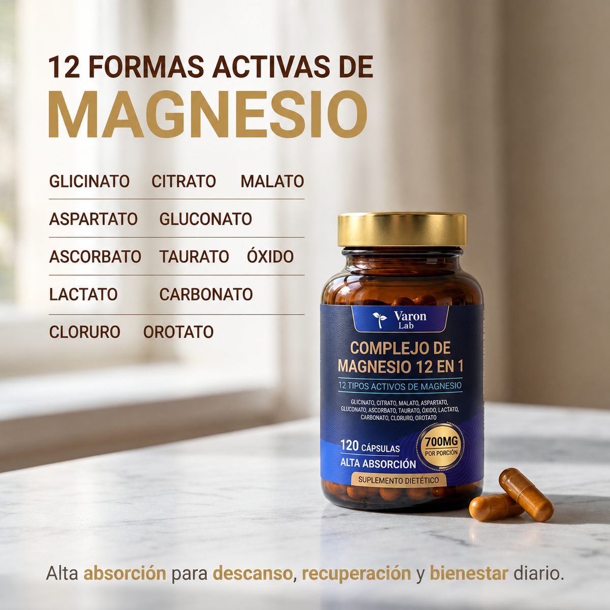 Las 12 formas activas de magnesio del complejo: glicinato, citrato, malato, aspartato, gluconato, ascorbato, taurato, óxido, lactato, carbonato, cloruro y orotato