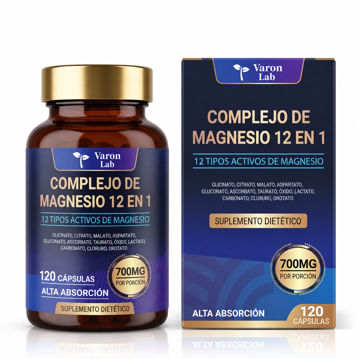 Frasco y caja del Complejo de Magnesio 12 en 1 de Varon Lab