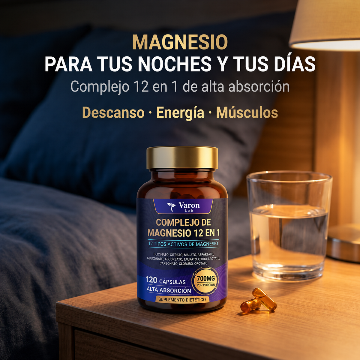 Frasco de Complejo de Magnesio 12 en 1 de Varon Lab sobre una mesita de noche junto a un vaso de agua
