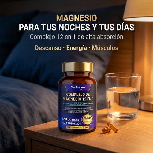 Frasco de Complejo de Magnesio 12 en 1 de Varon Lab sobre una mesita de noche junto a un vaso de agua
